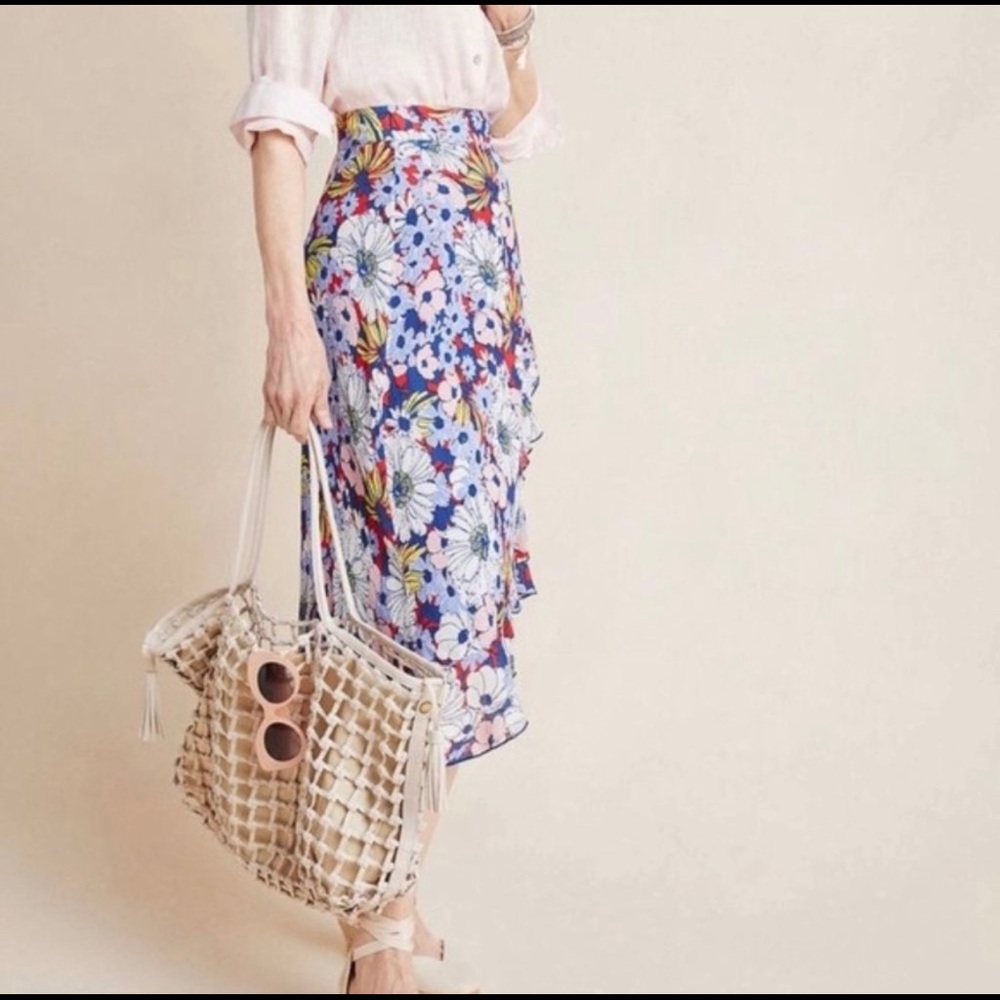 Maeve Floral High Low Skirt - Blue and White